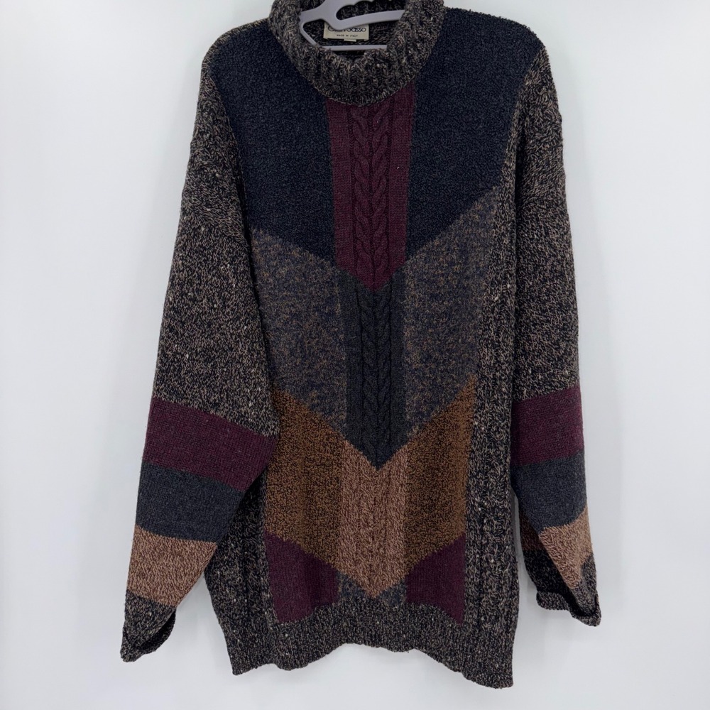 Gran Sasso Italy Wool Sweater Mens VI Brown Cable Knit Mock Neck Pullover
